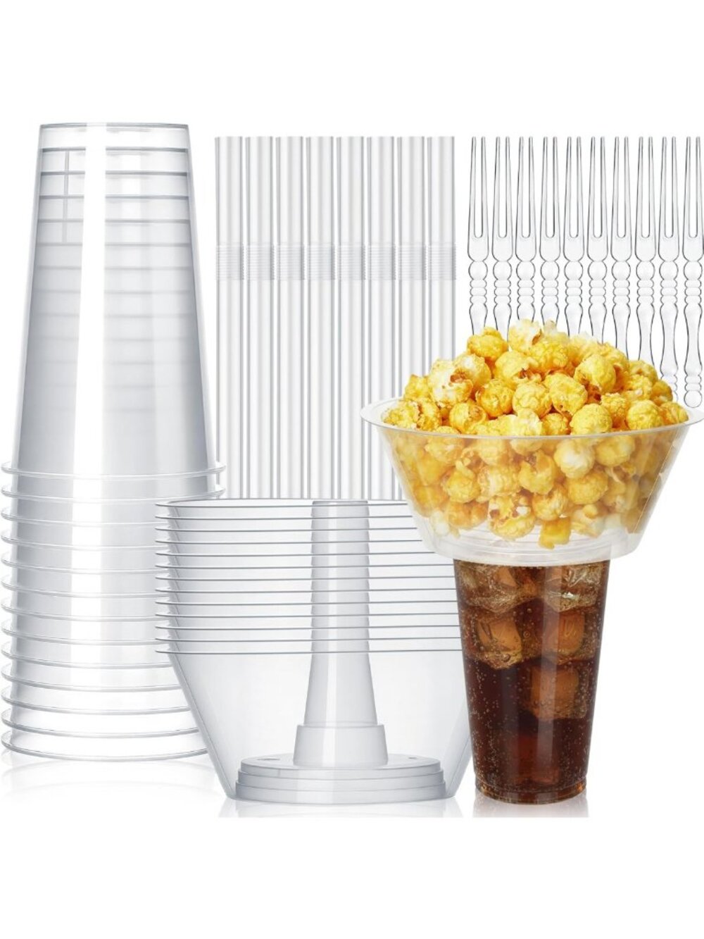 100 Sets Disposable Clear Plastic Snack & Drink Cups with Bowls, Straws & Forks